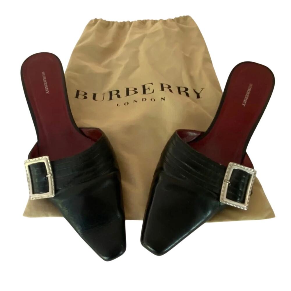 Burberry Black Buckle Mules Size 39 Kitten Heel Made in Italy Y2K Vintage